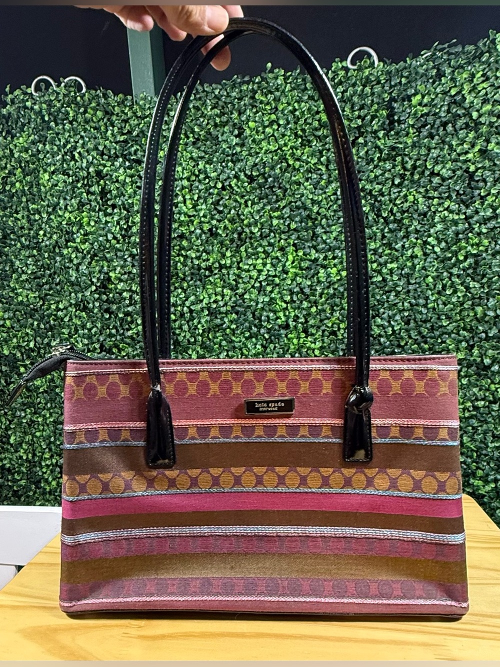 Kate Spade New York Signature Jacquard Striped Shoulder Bag Pink Brown Y2K